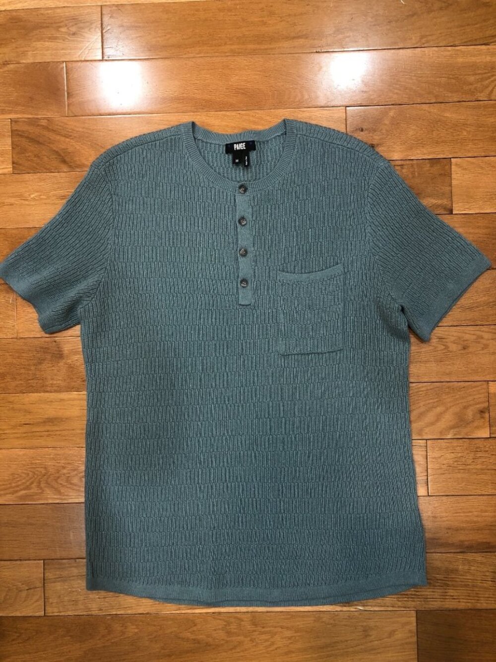 PAIGE Morro Knit Henley Sweater Sz M Blue Wool Silk Textured Short Sleeve Luxury